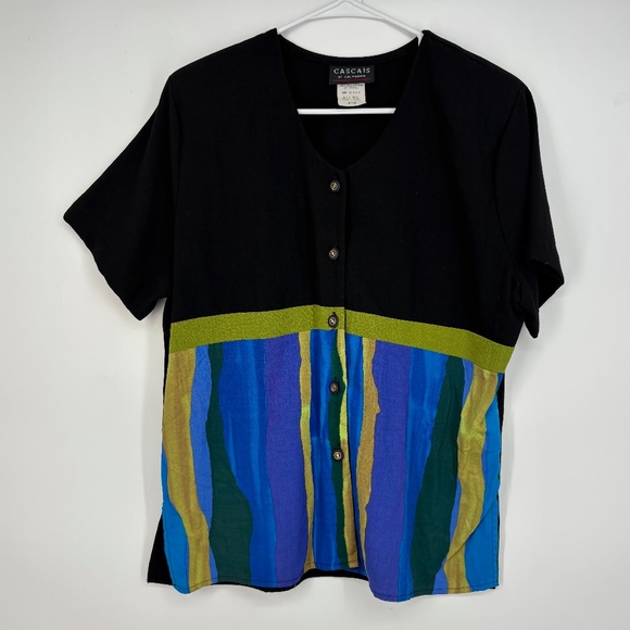 Cascais of California Womens Medium Vintage Blouse Black Green Blue Stripes SS - Picture 1 of 8